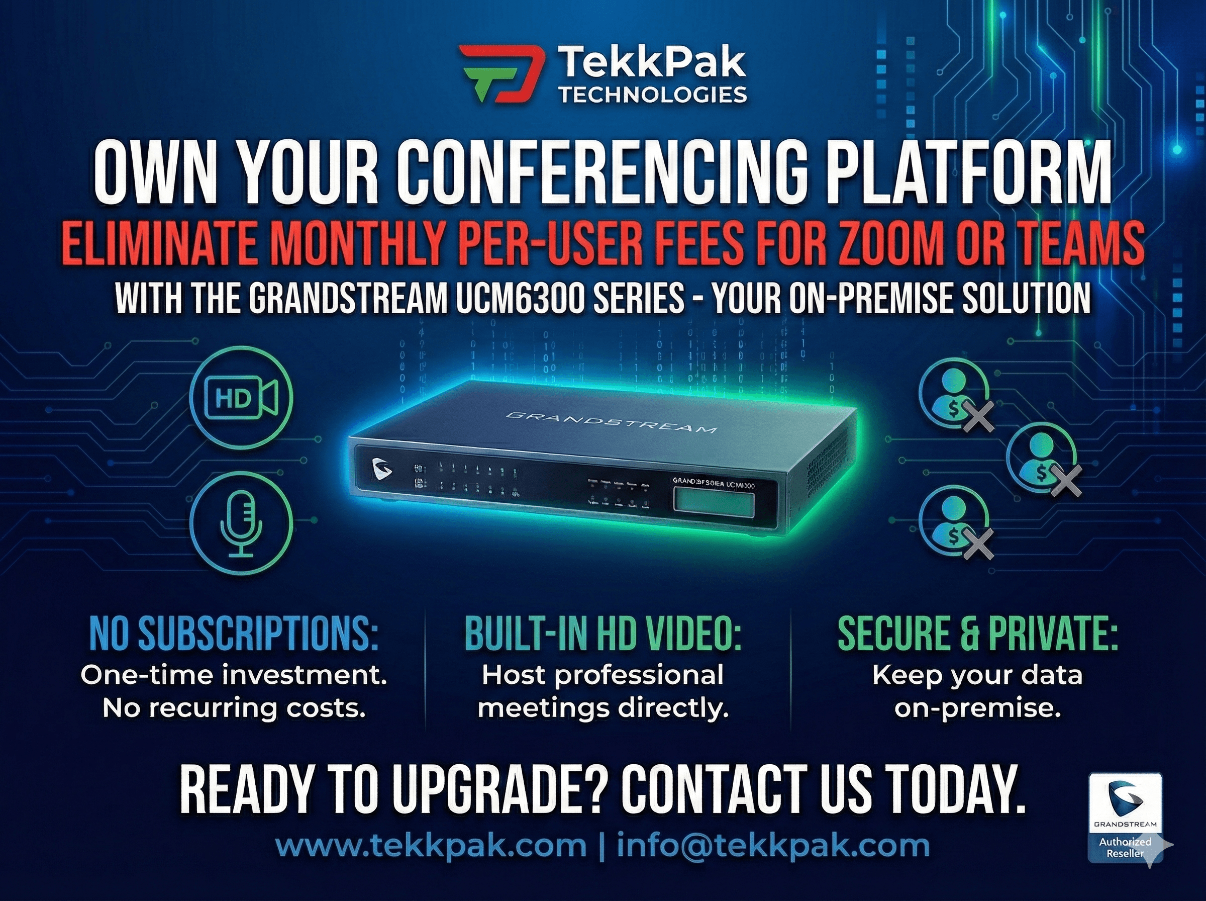 Grandstream UCM6300 enterprise video conferencing solution hardware replacing monthly subscription software icons