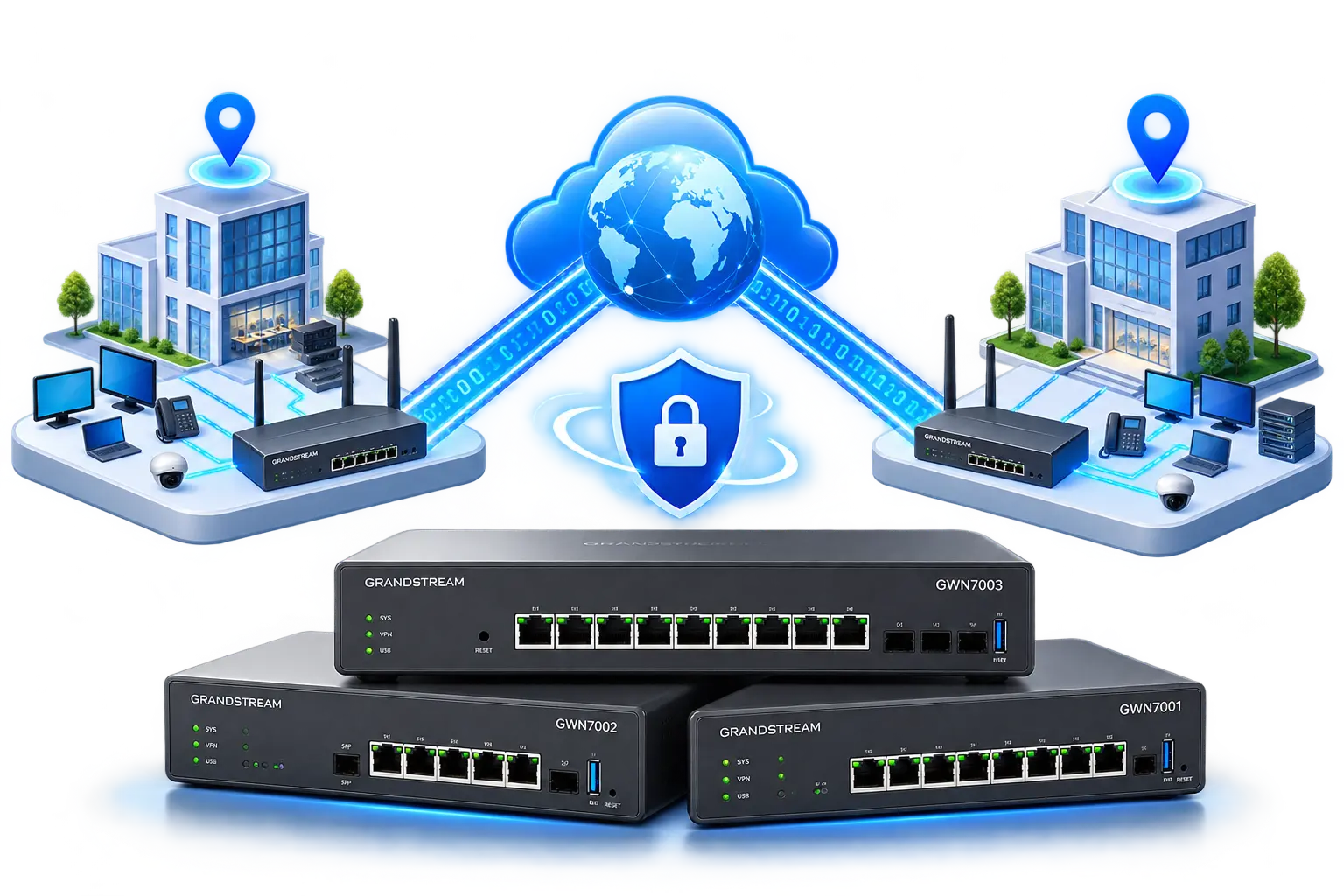 How to Create a Site-to-Site VPN Using Grandstream Multi-WAN VPN Routers 1 Network topology diagram showing a Site-to-Site VPN using Grandstream GWN7001 routers connecting a headquarters and a branch office