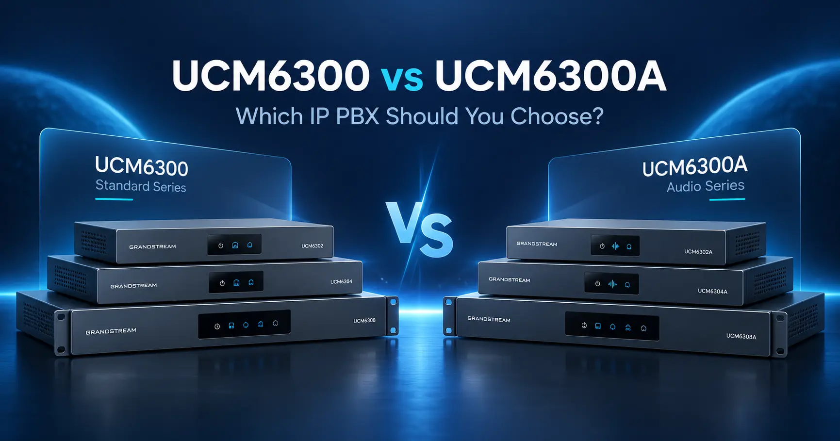 Grandstream UCM6300 vs UCM6300A IP PBX comparison showing Standard Series and Audio Series models