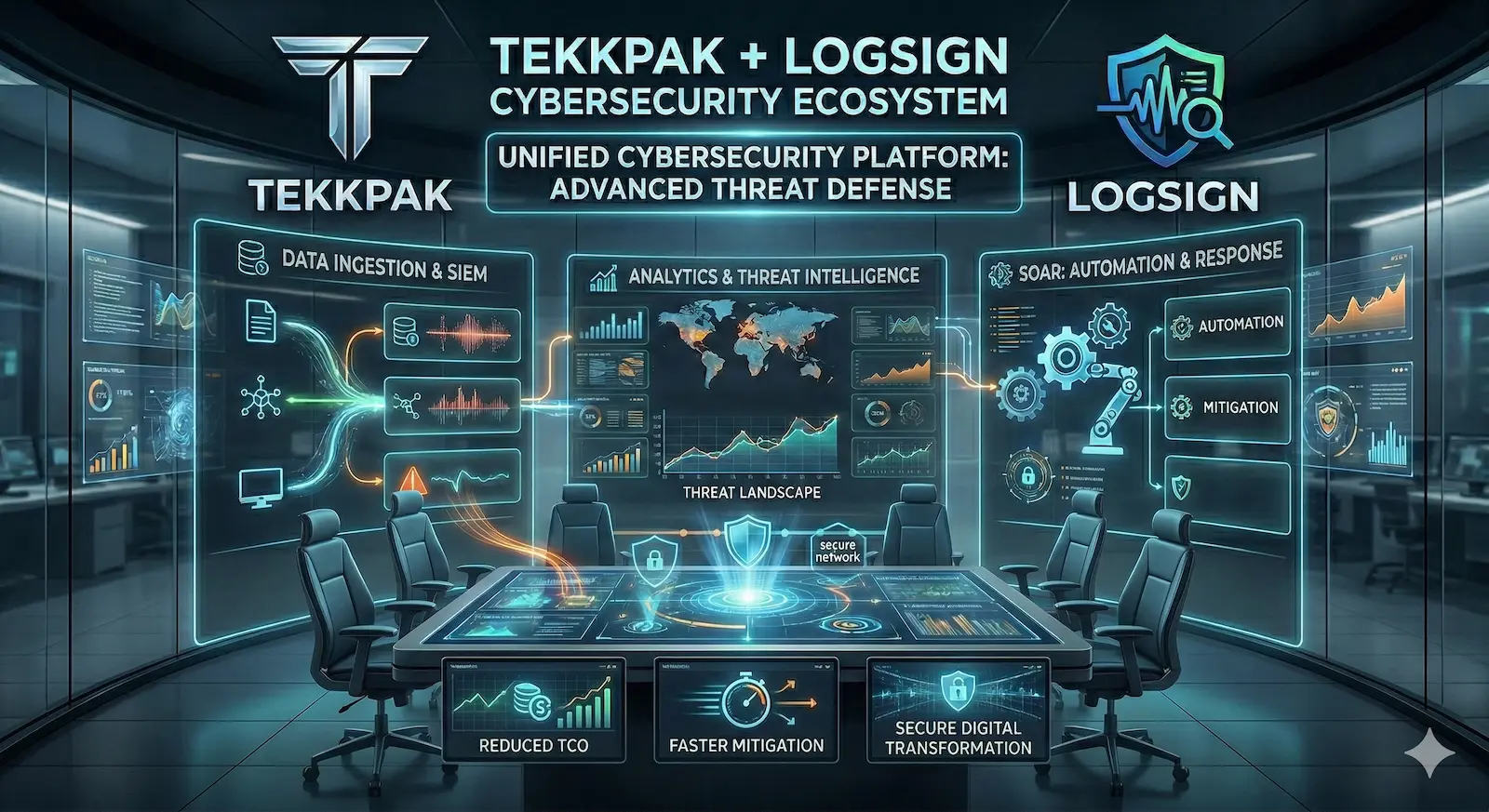 Logsign SIEM and SOAR Cybersecurity Solution by TekkPak Technologies Pakistan — Unified Security Operations Platform Dashboard