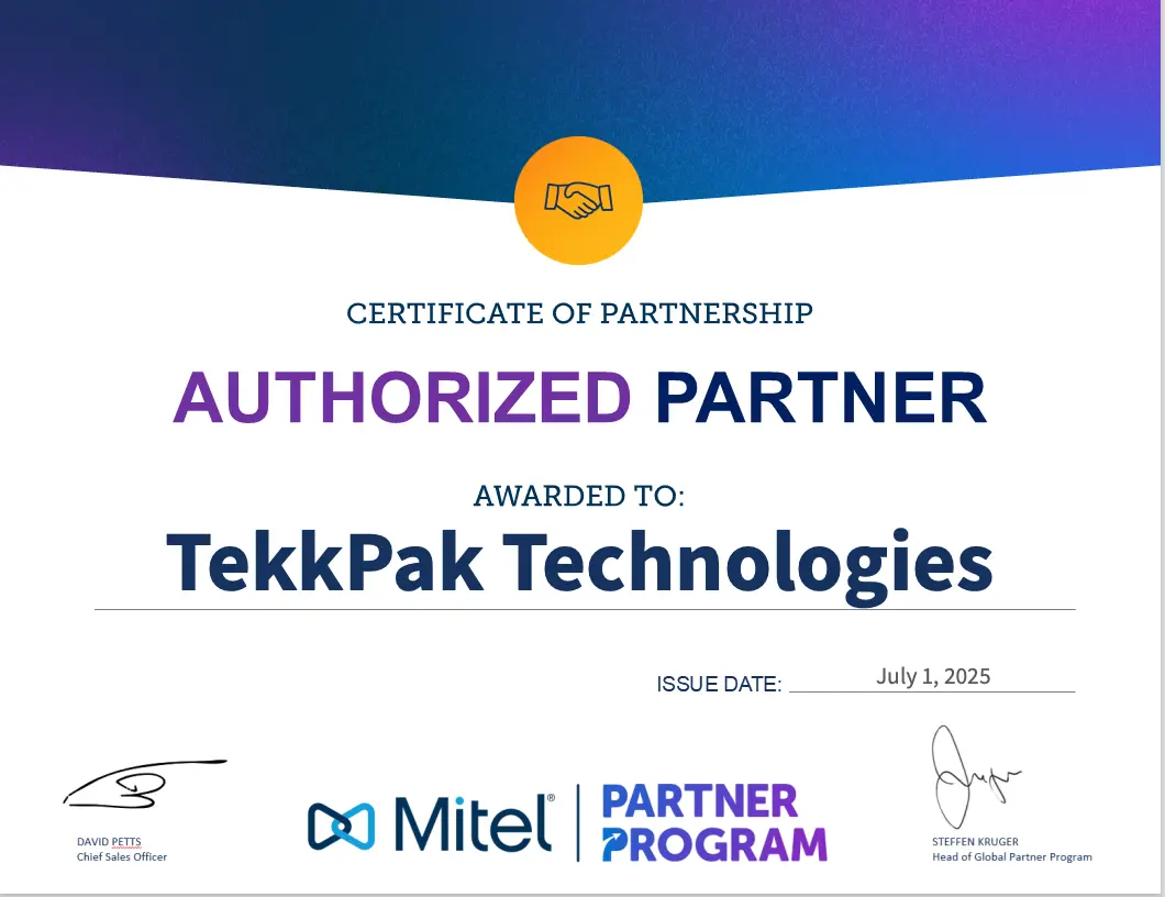 Mitel Authorized Partner certificate awarded to TekkPak Technologies for OpenScape Business solutions in Pakistan