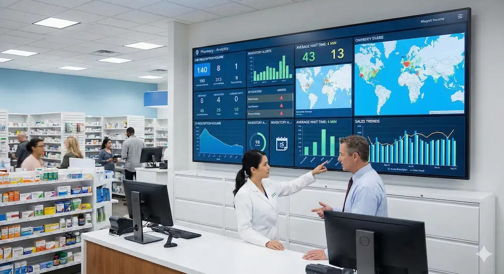 Business automation analytics dashboard with real-time data — TekkPak Technologies ERP and reporting solution for pharmacy chain