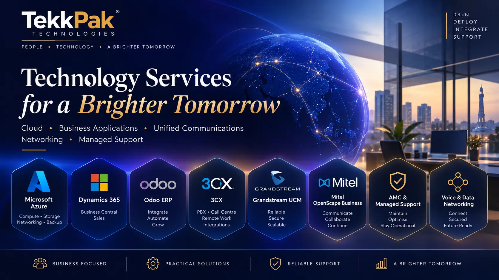 TekkPak Technologies services for Microsoft Azure, Dynamics 365, Odoo ERP, 3CX, Grandstream UCM, Mitel OpenScape Business, networking and managed support in Pakistan
