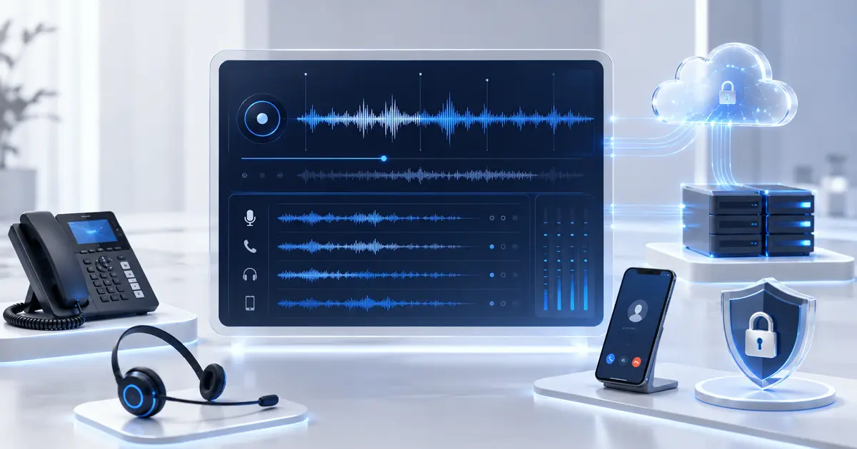 Secure call recording system connecting IP phones, mobile users and headset agents to protected local and cloud storage