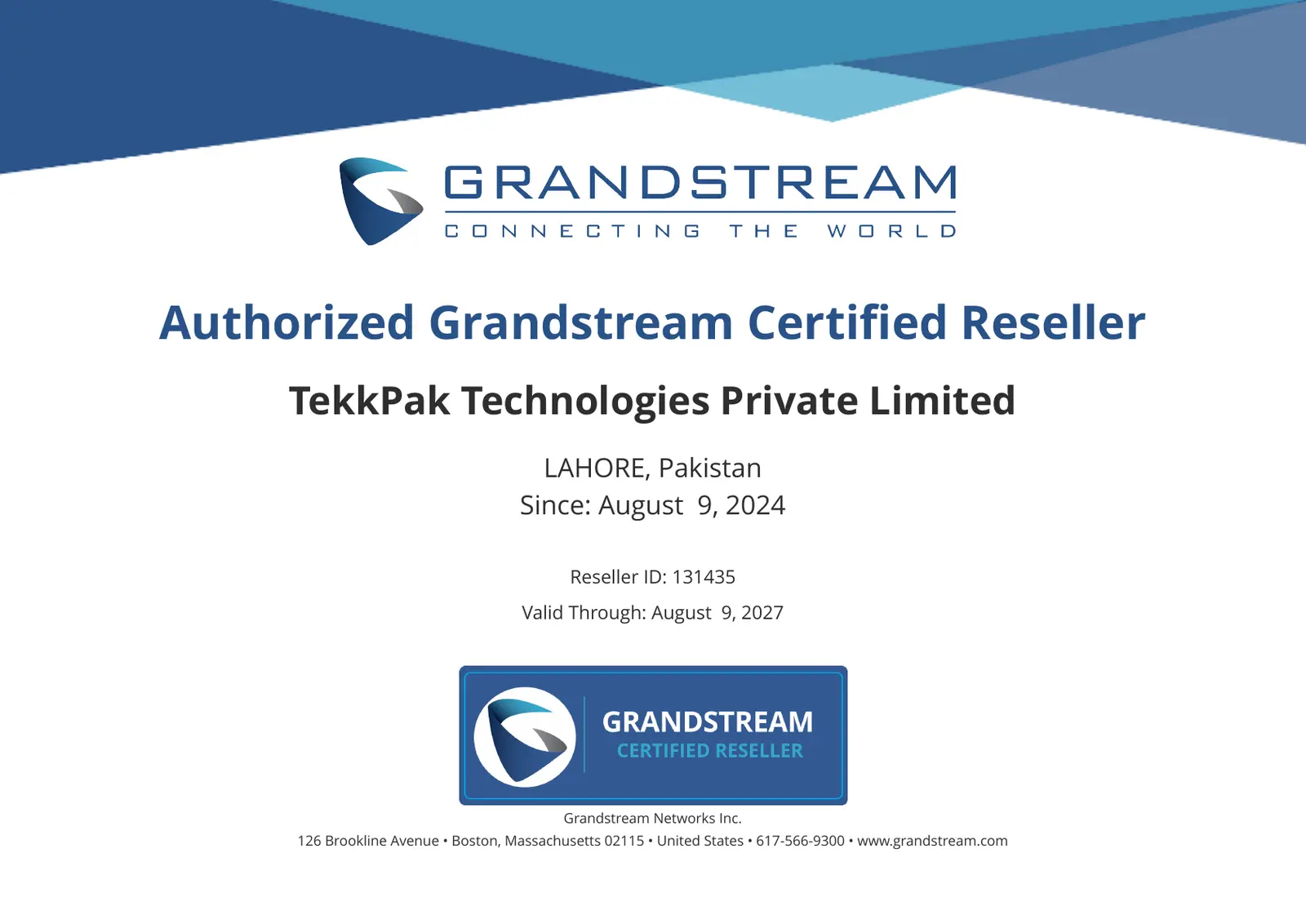 Grandstream authorised reseller certificate for TekkPak Technologies Pakistan