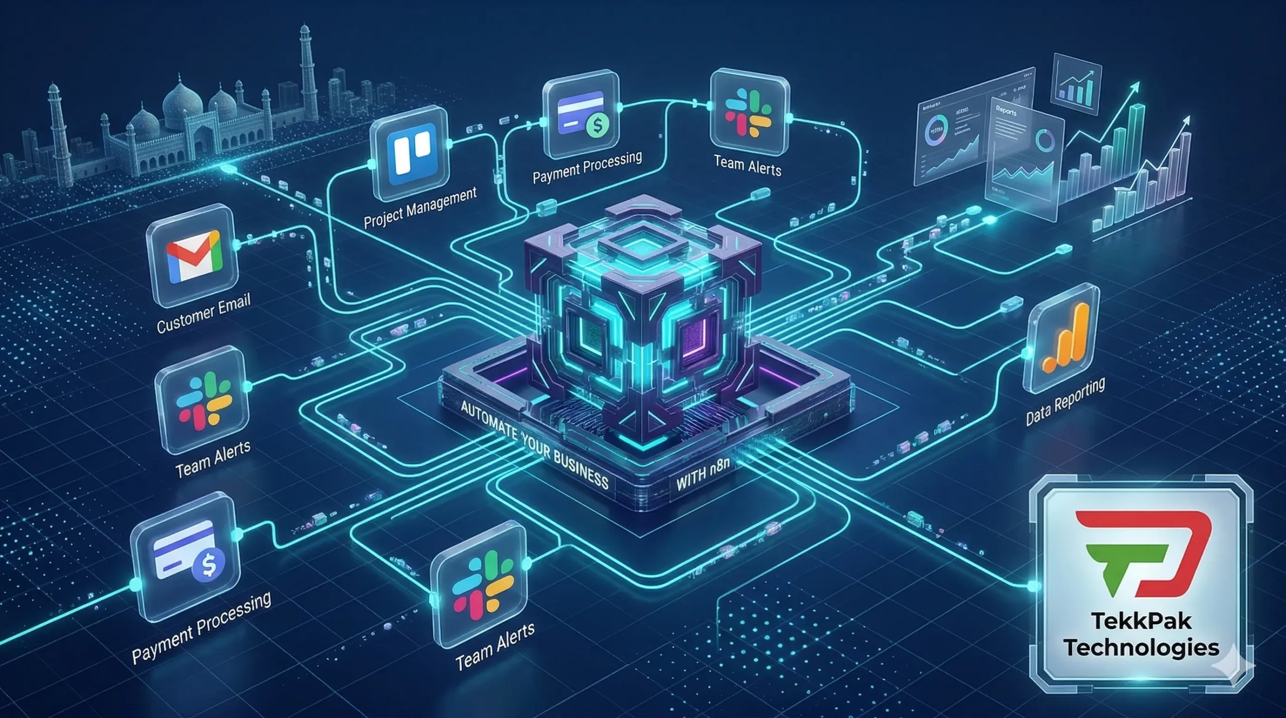 Isometric 3D illustration of finance automation workflows powered by n8n — connected invoicing, accounting, and reconciliation apps.