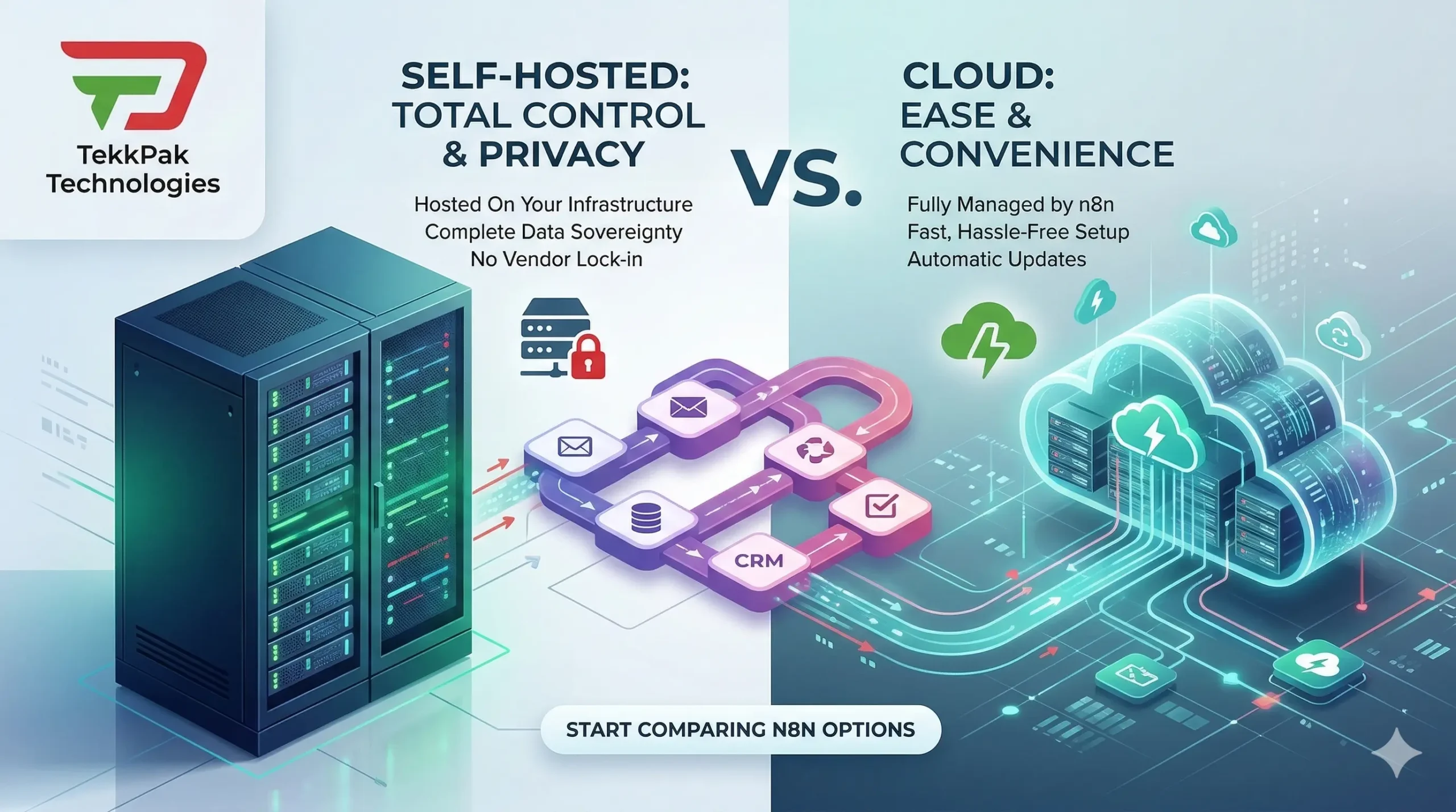 Self-Hosted vs. Cloud n8n: The 2026 Comparison Guide for Businesses 1 Abstract digital networking concept illustrating cloud versus self-hosted data infrastructure for n8n workflow automation