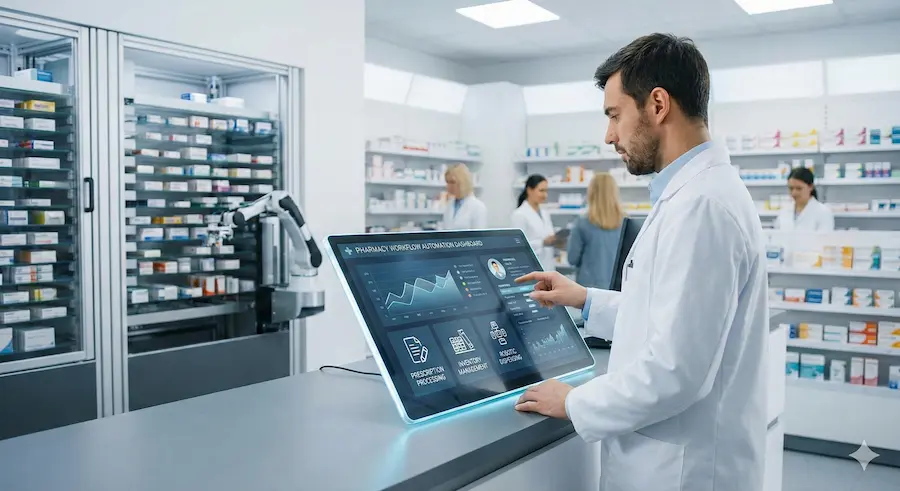 Pharmacy workflow automation dashboard — pharmacist using digital management system at a modern pharmacy branch